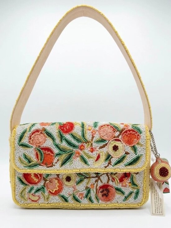 Handcrafted In India Handbags - Viral Beaded Shoulder Bag Yellow With Fruit and Charm Handcrafted In India NWT